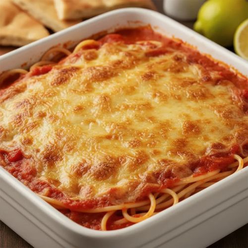 Spaghetti mit Tomatensauce überbacken